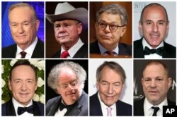 This combination of photos shows, top row from left, broadcaster Bill O'Reilly, Senate candidate Roy Moore, Sen. Al Franken, D-Minn., and broadcaster Matt Lauer. Bottom row from left: actor Kevin Spacey, conductor James Levine, broadcaster Charlie Rose and film producer Harvey Weinstein. The wave of sexual misconduct allegations toppled Hollywood power brokers, politicians, media icons and many others in 2017.