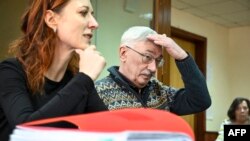 Oleg Orlov appears in court in Moscow on Feb. 26, 2024. A verdict is expected Tuesday.