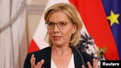 FILE - Austrian Minister of Climate Action and Energy Leonore Gewessler speaks during a press conference in Vienna, Austria, Oct. 17, 2023. 