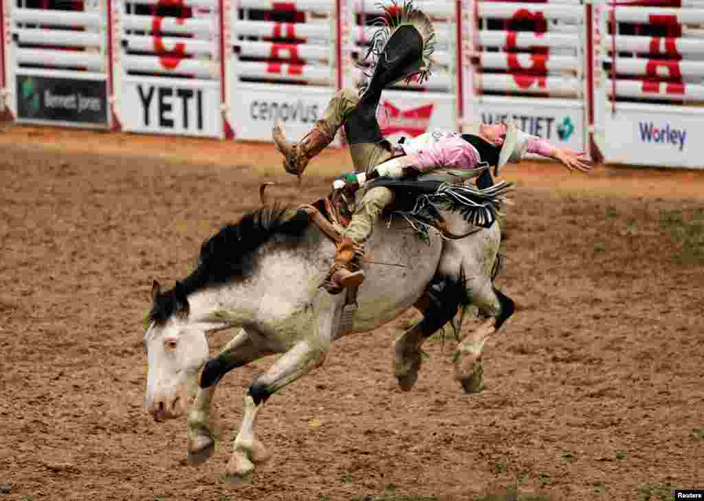 Jayco Roper of Oktaha, Oklahoma, rides the horse &#39;No Show Jones&#39; in the bareback event during the Calgary Stampede rodeo in Calgary, Alberta, Canada, July 10, 2023. 
