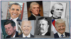 U smjeru kazaljke na satu od gore lijevo: Barack Obama, Thomas Jefferson, Andrew Johnson, Donald Trump, Teddy Roosevelt, Joe Biden, John F. Kennedy.