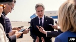 US Secretary of State Antony Blinken speaks to reporters after his meeting with the Egyptian president, at Cairo airport, on June 10, 2024.