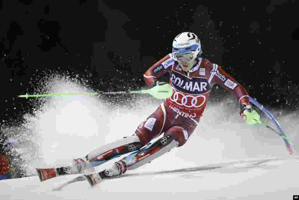 Henrik Kristoffersen of Norway competes during an alpine ski event, the men's World Cup slalom, in Madonna Di Campiglio, Italy.