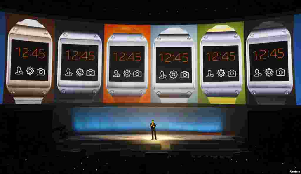 Pranav Mistry, head of the think tank team, Samsung Research America presents the Samsung Galaxy Gear smartwatch during its launch at the &#39;Samsung UNPACKED 2013 Episode 2&#39; at the IFA consumer electronics fair in Berlin, Germany.