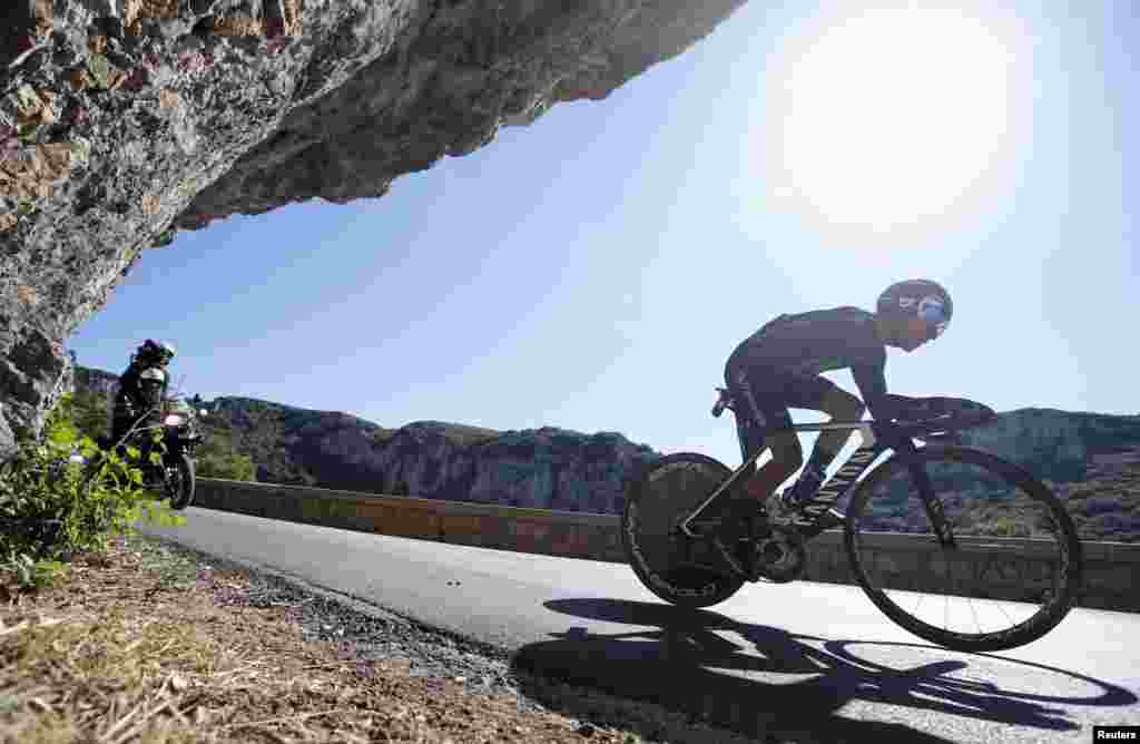 Movistar Team rider Nairo Quintana of Colombia rides during the Tour de France individual time trial, Stage 13, from Bourg-Saint-Andeol to La Caverne du Pont-d&#39;Arc, France.