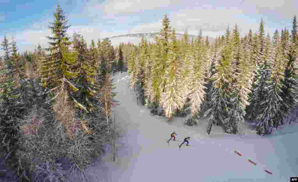 Athletes compete during the Biathlon Men&#39;s Mixed Relay at the Birkebeineren stadium during the 2016 Lillehammer Youth Olympics Games, Norway.