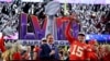 Kansas City Chiefs' Patrick Mahomes celebrates with the Vince Lombardi Trophy after winning Super Bowl LVIII on Feb. 11, 2024.