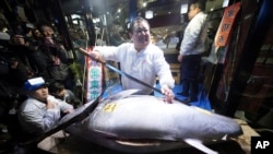 Kiyoshi Kimura, center, president of Kiyomura Co., poses with a bluefin tuna he bought at the annual New Year auction, at his Sushi Zanmai restaurant near Tsukiji fish market in Tokyo, Jan. 5, 2018. This year's top per kilogram price, for a smaller tuna, was $1,419.