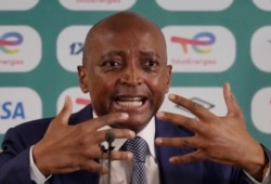 CAF president Patrice Motsepe speaks during a media conference at the Ahmadou Ahidjo stadium in Yaounde, Cameroon, Jan. 25, 2022.
