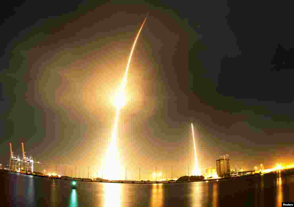 The SpaceX Falcon 9 lifts off (L) from its launch pad and then returns to a landing zone (R) in this time-lapsed photo at the Cape Canaveral Air Force Station in Cape Canaveral, Florida, Dec. 21, 2015.