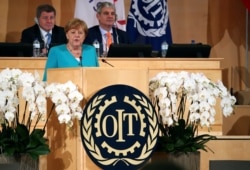 German Chancellor Merkel speaks during the ILO''s annual conference in Geneva, June 11, 2019.