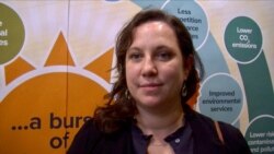 Kathleen Callaghy of NGO Clean Cooking Alliance believes the private sector should partner with humanitarian efforts in bringing clean energy to refugees. (Lisa Bryant/VOA)