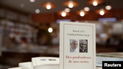 The book "From the Depths of Our Hearts", co-written by retired pope Benedict XVI, is on display in a bookshop in Paris, France, Jan. 15, 2020.