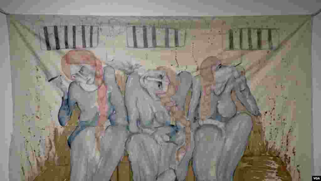 Prison life for women is a common theme of Dogan’s work behind bars; being in jail, she had little access to paper, improvising with bedsheets. (Photo: Dorian Jones / VOA) 