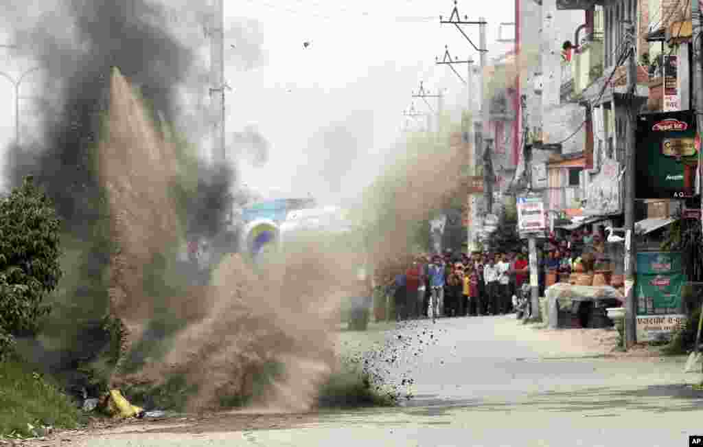 Nepalese Army&#39;s bomb disposal team detonates the explosives during the local election in Bhaktapur.