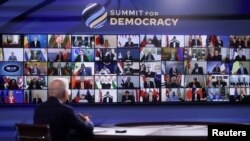 U.S. President Joe Biden convenes a virtual summit with leaders from democratic nations at the State Department's Summit for Democracy, at the White House, on December 9, 2021. (Leah Millis/Reuters)