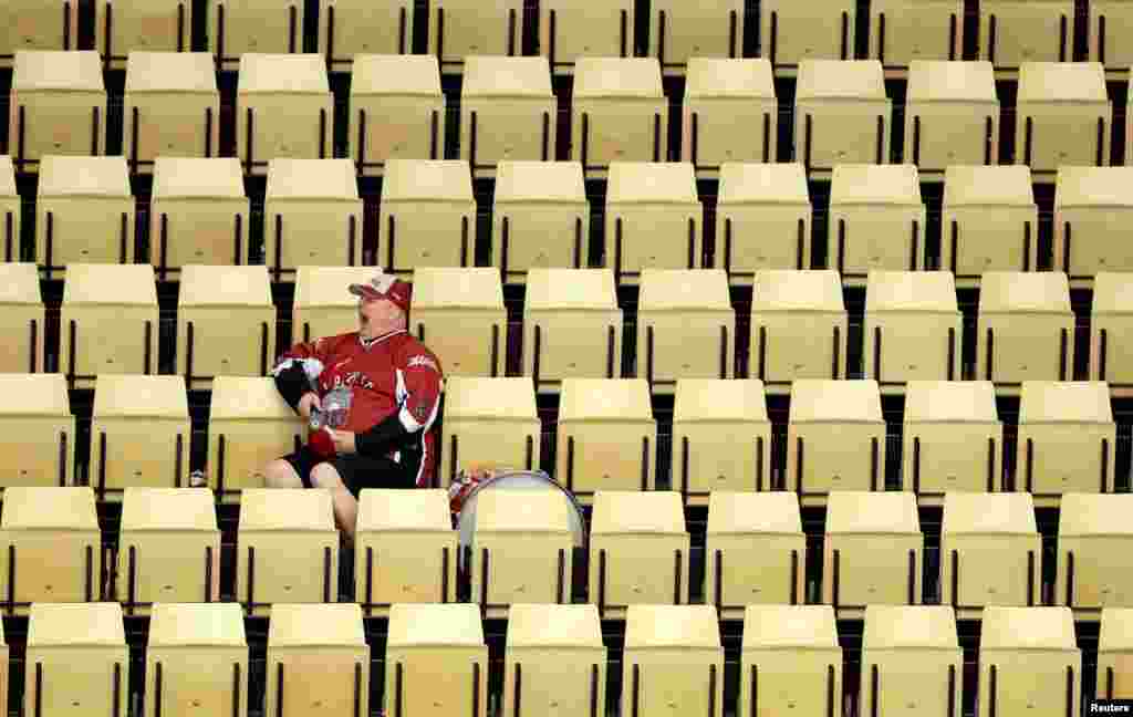 A Latvian fan is seen during the 2018 IIHF Men's Ice Hockey World Championship match between South Korea and Latvia in Copenhagen, Denmark. 