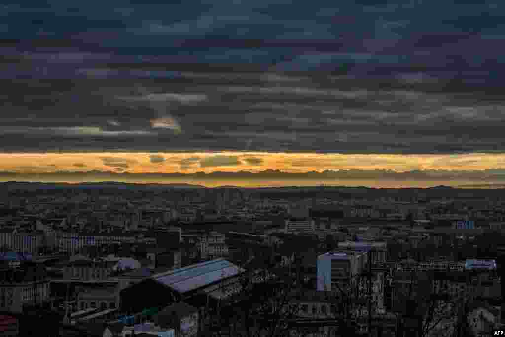 Tthe French Alps at dawn from the city of Lyon