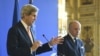 French Foreign Affairs Minister Laurent Fabius, right, U.S. Secretary of State John Kerry at joint press conference, Paris, March 7, 2015.