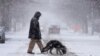 Seorang warga dan anjing peliharaannya berjalan melewati area di St. Louis, Missouri, di tengah salju lebat yang turun menyelimuti area tersebut pada 5 Januari 2025. (Foto: AP/Jeff Roberson)