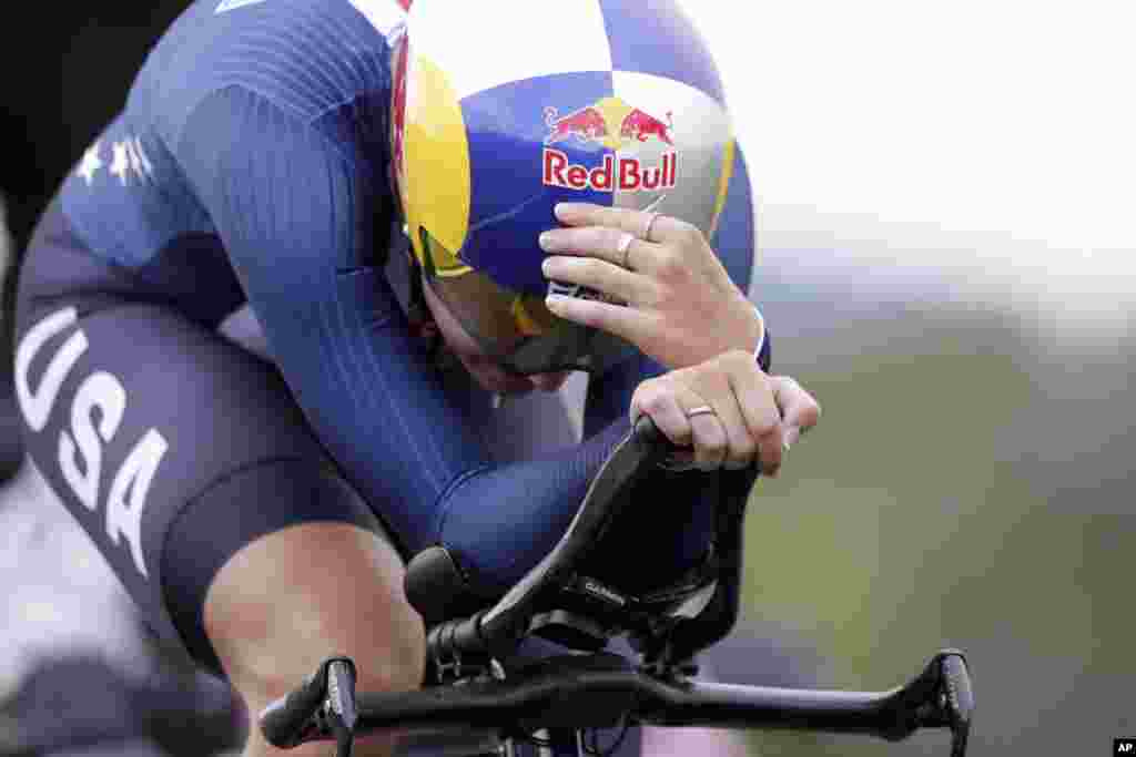 United States&#39; Chloe Dygert competes during the women&#39;s Individual Time Trial event, at the road cycling World Championships, in Imola, Italy.