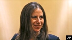FILE - Sigal P. Mandelker, the undersecretary for terrorism and financial intelligence at the U.S. Treasury, talks to journalists at a press briefing in Dubai, United Arab Emirates, July 12, 2018.