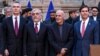 From left, NATO Secretary General Jens Stoltenberg, Afghan opposition presidential candidate Abdullah Abdullah, Afghan President Ashraf Ghani, and U.S. Secretary of Defense Mark Esper pose for a photo at the presidential palace in Kabul, Feb. 29, 2020. 