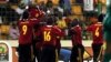 Les joueurs angolais célèbrent après avoir marqué contre le Burkina Faso lors de leur match de football de la Coupe d'Afrique des Nations au stade de Malabo, le 22 janvier 2012.
