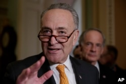 Senate Minority Leader Chuck Schumer, a New York Democrat, speaks with reporters on Capitol Hill in Washington, March 28, 2017.