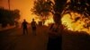 A local resident holds bottles of water near a wildfire burning in the village of Latas, in southern Greece, June 21, 2024.