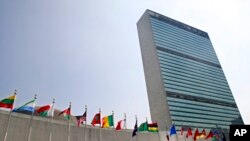 联合国成员国的旗帜在纽约联合国总部大厦外飘扬。