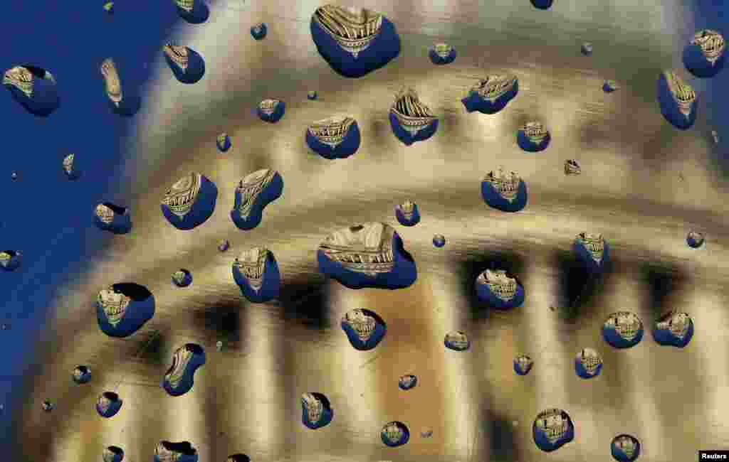 St Paul's Cathedral is seen reflacted in raindrops on a metal plaque following heavy rainfall in the City of London, Britain.