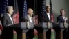 U.S. Secretary of Defense Ash Carter, U.S. Secretary of State John Kerry, Afghanistan President Ashraf Ghani and Afghanistan Chief Executive Abdullah Abdullah hold a news conference following diplomatic meetings at Camp David, Maryland, March 23, 2015.