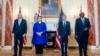 From left, Australian Minister of Defense Peter Dutton, Australian Foreign Minister Marise Payne, Secretary of State Antony Blinken, and Defense Secretary Lloyd Austin pose for a group photograph at the State Department in Washington, Thursday, Sept. 16, 
