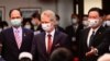 Czech Senate speaker Milos Vystrcil is escorted by Taiwan’s Foreign Minister Joseph Wu, right, and Parliament Speaker Yu Shyi-kun, left, during a press conference at the foreign ministry in Taipei on Sept. 3, 2020. 