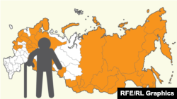 RFE/RL. Russia - life expectancy and retirement age. Dark yellow marks 47 regions in Russia where people do not live to the newly proposed retirement age of 65 years. White marks regions where people live beyond 65 years of age.