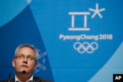 매튜 리브 스포츠중재재판소(CAS) 사무총장이 1일 한국 평창에서 기자회견을 하고 있다.