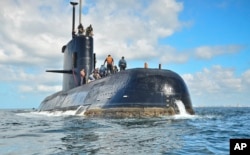 This undated photo provided by the Argentina Navy shows an ARA San Juan, a German-built diesel-electric vessel, near Buenos Aires, Argentina.