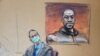USA, Minneapolis, Former Minneapolis police officer Derek Chauvin sits in front of a picture of George Floyd displayed during Chauvin's trial