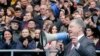 Ukrainian President Petro Poroshenko speaks to a crowd ahead of the presidential elections on upcoming April 21, at the Olympic stadium in Kyiv, April 14, 2019.