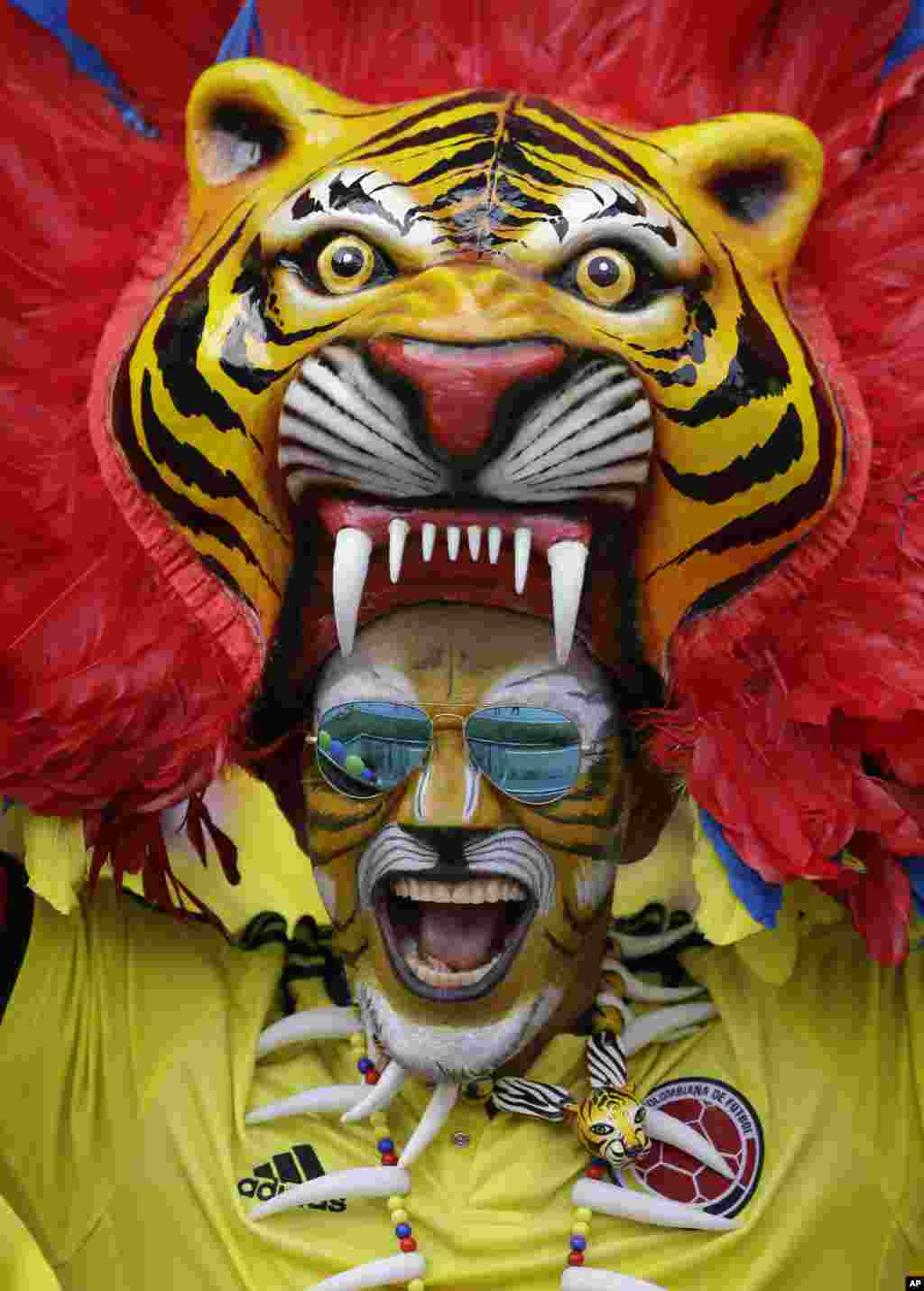 A fan of Colombia&#39;s national team in a tiger costume cheers prior to the 2018 World Cup qualifying soccer match against Ecuador in Barranquilla, Colombia, March 29, 2016.