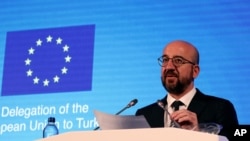 EU Council President Charles Michel speaks during a joint news conference with European Commission President Ursula von der Leyen after talks with Turkey's President Recep Tayyip Erdogan, in Ankara, Turkey, April 6, 2021.