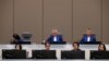 FILE - Judges are seen in the courtroom for the trial of the Congolese militia commander Bosco Ntaganda at the ICC (International Criminal Court) during his trial at the Hague, in the Netherlands, July 8, 2019. 