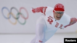 FILE - Russia's Ivan Skobrev skates during the men's 5,000m speed skating race at the Adler Arena during the 2014 Sochi Winter Olympics, Feb. 8, 2014.