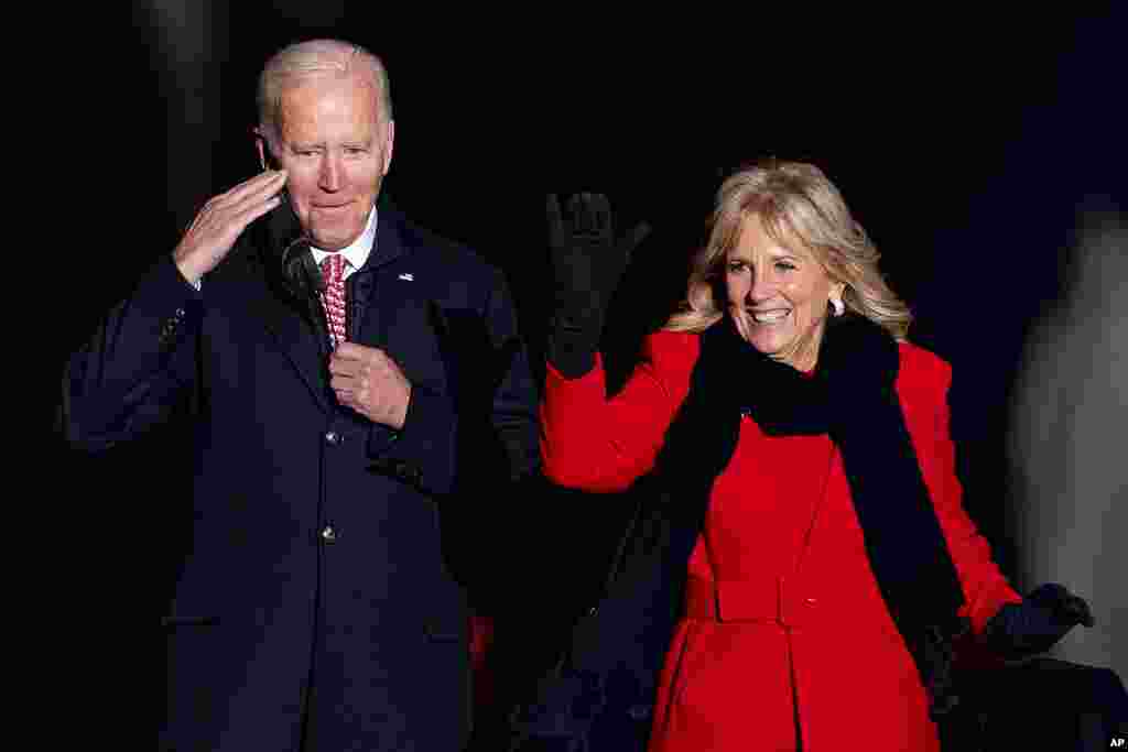 President Joe Biden and first lady Jill Biden arrive for the National Christmas Tree lighting ceremony at the Ellipse near the White House in Washington, Dec. 2, 2021. 