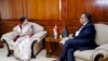External Affairs Minister of India Sushma Swaraj speaks with her Bangladeshi counterpart Abul Hassan Mahmood Ali at the Ministry of Foreign Affairs, Dhaka, June 26, 2014.