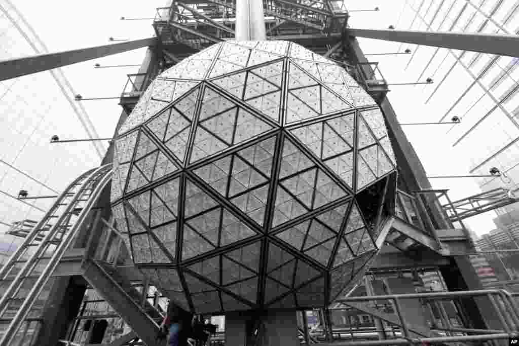 The Waterford crystal ball is shown atop One Times Square during a media preview, Dec. 27, 2015, in New York. Hundreds of thousands of people in Times Square are expected to watch the ball drop at midnight on Dec. 31 to welcome the New Year.