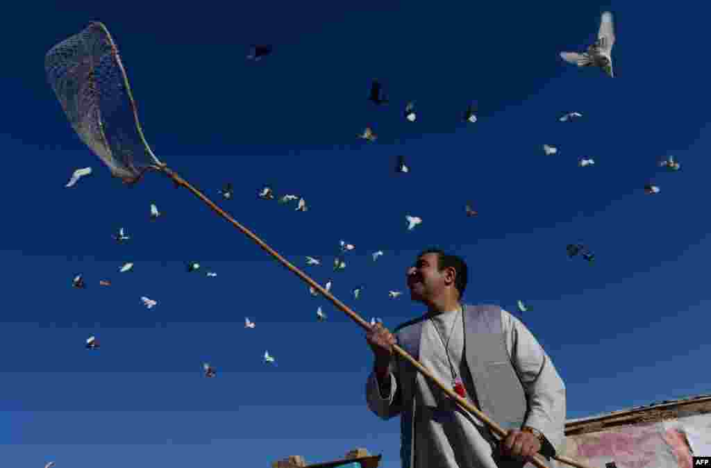 Nasir, a resident of Herat, Afghanistan stands below his pigeons flying from the rooftop of his home.