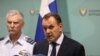 Greek Defense Minister Nikos Panagiotopoulos speaks during a press conference in Nicosia, Cyprus, July 19, 2019. 
