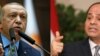 FILE - This combination of pictures shows, at left, a photo released by the Turkish President Office of President Recep Tayyip Erdogan in Ankara on Oct. 23, 2018, and, at right, Egyptian President Abdel Fattah al-Sisi in Cairo on Jan. 28, 2019.